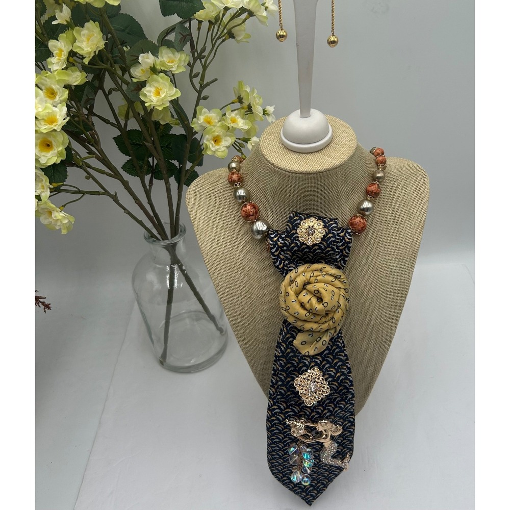 Tommy Hilfiger Upcycled Silk Tie Statement Necklace Mermaid Brooch Earring Set - Picture 9 of 10